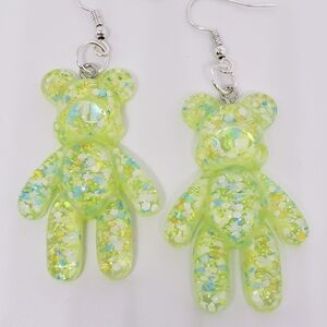 Handmade Large Lime Green Confetti Glitter Gummy Bear Earrings